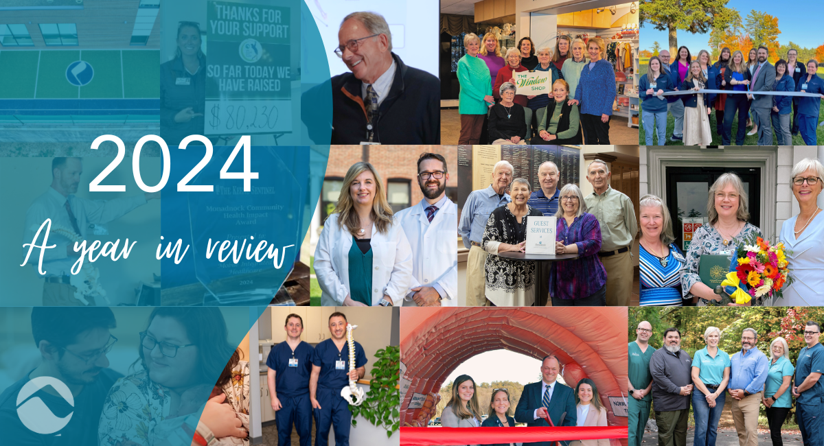 A collage of community events and achievements at Monadnock Community Hospital, including ribbon cuttings, team gatherings, fundraising milestones, awards, and smiling staff and volunteers. The central banner reads "2024: A Year in Review" and features the hospital logo