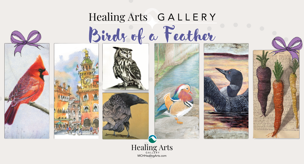 Digital collage featuring a selection of bird-themed artworks from the Birds of a Feather exhibition at the Healing Arts Gallery. Images include a red cardinal, a clocktower scene with birds, detailed drawings of owls and crows, a mandarin duck, a loon on water, and colorful carrots. Decorative purple ribbon graphics frame the left and right sides. Text reads: “Healing Arts Gallery – Birds of a Feather.”