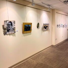 An eclectic mix of bird-themed artwork, including paintings on birch bark and canvas, displayed along a well-lit gallery wall.