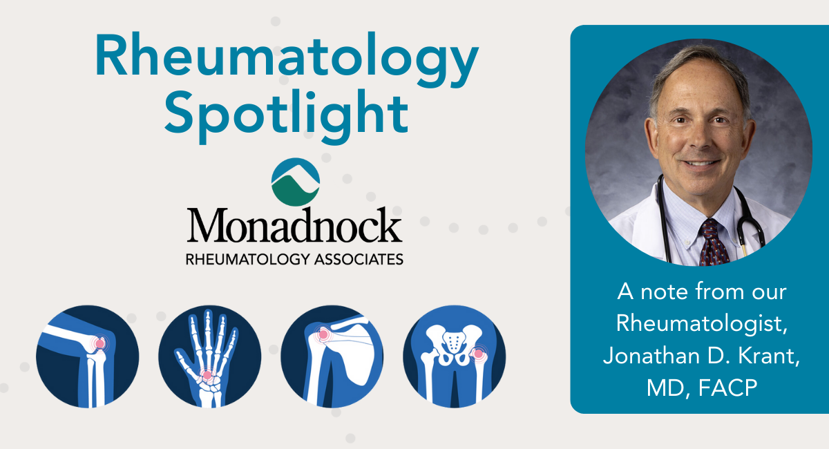 Rheumatology Spotlight featuring Dr. Jonathan D. Krant, MD, FACP, alongside illustrations of joint care and conditions.