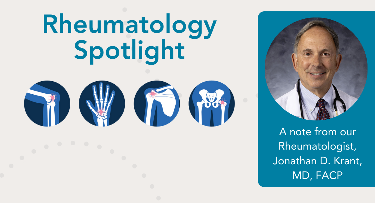 Rheumatology Spotlight featuring Dr. Jonathan D. Krant, MD, FACP, alongside illustrations of joint care and conditions.