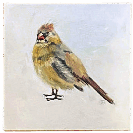 A small, softly painted image of a female cardinal with subtle reds, olives, and browns, perched against a pale background.