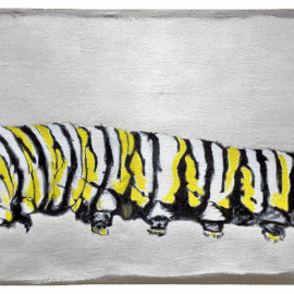 A vivid painting of a monarch caterpillar in black, white, and yellow, depicted in striking detail across a long horizontal canvas.
