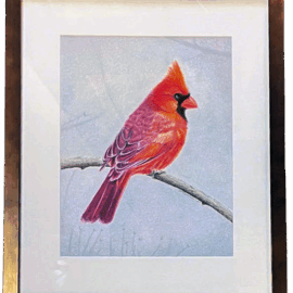A highly detailed colored pencil drawing of a male cardinal perched on a light branch, with soft background textures evoking a frosty winter morning.