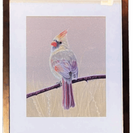 A pastel drawing of a female cardinal sitting on a reddish branch, set against a muted lavender and tan field background.
