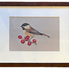 A soft, realistic drawing of a chickadee perched on a sprig of red berries, composed against a gentle neutral-toned background.