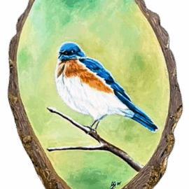 An acrylic painting of an Eastern bluebird perched on a branch, rendered on an oval slab of wood with bark edges, set against a soft green and yellow background.
