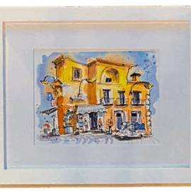 A vibrant watercolor painting of a sunny European-style street corner with yellow and orange buildings, café umbrellas, and passersby.