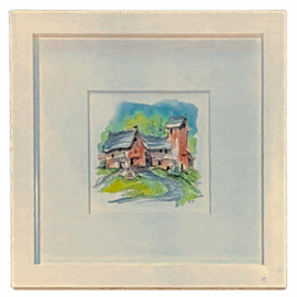 A watercolor sketch of a rustic New England farmhouse with red siding and green lawns, framed in white with a light blue background.