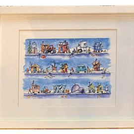A whimsical watercolor illustration of colorful ice shacks and vehicles lined up in rows across a frozen lake, with people ice fishing and snowy skies above.