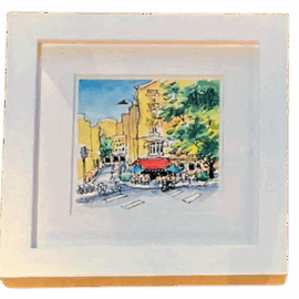 A sunny Parisian street scene depicted in watercolor and ink, featuring outdoor café tables, leafy trees, and bustling foot traffic under a blue sky.