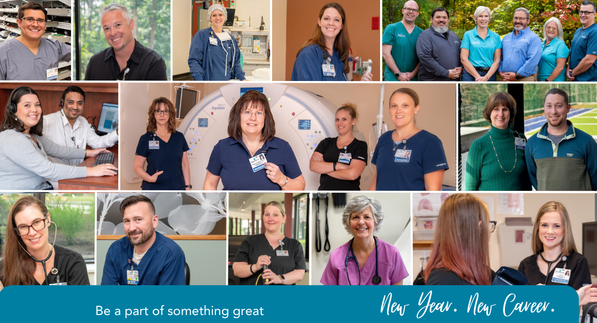 A collage of smiling Monadnock Community Hospital staff members in various roles, including healthcare, administrative, and support positions. The photos feature diverse team members posing in medical settings, group shots, and office environments. The bottom banner reads: "Be a part of something great. New Year. New Career