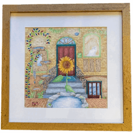A colorful and whimsical drawing of a sunflower with leafy arms standing at the base of stone steps leading to a red door. The scene includes a small pond, hanging vines, birdbaths, a white cat in a window, and a golden brick building, evoking a sense of playful welcome. Artwork titled Welcome Home by Vicki Tkaczevski.