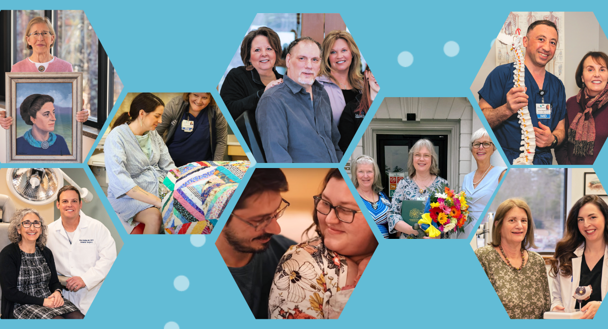 A vibrant collage featuring hexagonal frames of community healthcare moments. Images showcase patients, healthcare providers, and staff engaging in compassionate care and support, including a woman holding a framed portrait, a nurse attending to a patient, a doctor holding a spine model, and smiling staff celebrating with flowers. Set against a light blue background with dotted accents.