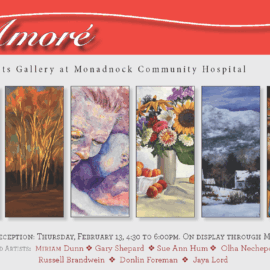 Promotional flyer for the Amoré art exhibition at the Healing Arts Gallery, Monadnock Community Hospital. The header features 'Amoré' in elegant red cursive text on a bright red background. Below are six vertical panels displaying diverse artwork: a hot air balloon over rocky terrain, a grove of autumn trees, a tender embrace, a colorful floral arrangement, a snowy mountain scene with a cottage, and a collection of rustic objects. The event details include the opening reception on Thursday, February 13, 2025, from 4:30 PM to 6:00 PM, with the exhibit running through May 6, 2025. Featured artists: Miriam Dunn, Gary Shepard, Sue Ann Hum, Olha Necheporenko, Russell Brandwein, Donlin Foreman, and Jaya Lord