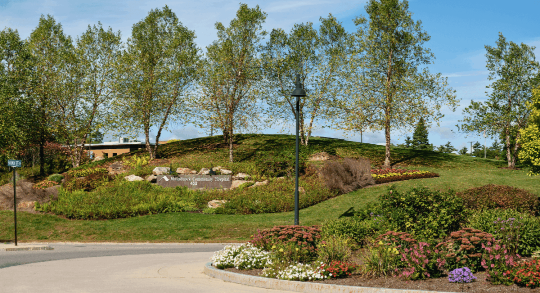 A landscaped rotary featuring a hill with birch trees, colorful flowers, and the Monadnock Community Hospital sign in front of a blue sky.