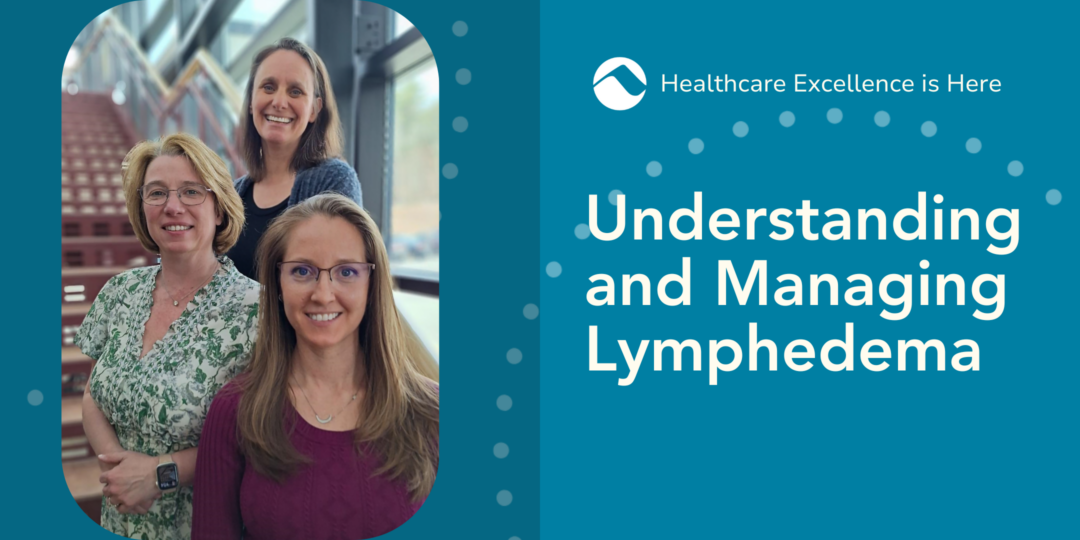 Three headshots of the Lymphedema Management Team members, displayed on a teal background with the text 'Understanding and Managing Lymphedema.' The Monadnock Community Hospital logo and the tagline 'Healthcare Excellence is Here' are also visible
