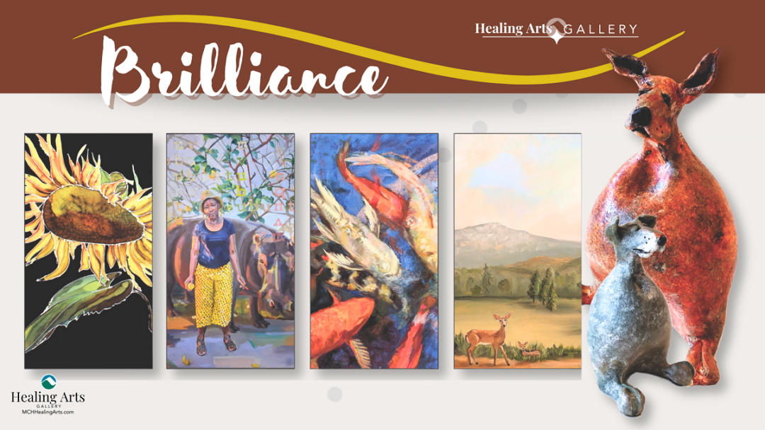 A promotional image for the "Amore" art exhibition at the Healing Arts Gallery. The design features a red banner at the top with the word "Amore" in elegant white script. Below, six vertical panels display diverse artwork, including a hot air balloon landscape, an autumn forest, a tender watercolor of a parent and child, a vibrant floral still life, a winter mountain scene, and an arrangement of rustic objects. The Healing Arts Gallery logo and website, MCHHealingArts.com, are included at the bottom.