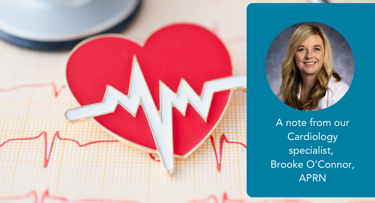 A promotional graphic for Monadnock Community Hospital featuring a red heart with an EKG line running through it, placed on top of an electrocardiogram printout. A stethoscope is partially visible in the background. On the right side, there is a blue box with a circular headshot of Brooke O’Connor, APRN, wearing a white coat and smiling. Below her photo, the text reads: "A note from our Cardiology specialist, Brooke O’Connor, APRN