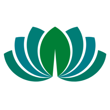 A stylized lotus flower logo with shades of teal and green, featuring a circular emblem in the center depicting a white mountain peak against a blue and green background