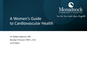 A presentation slide from Monadnock Community Hospital titled "A Women’s Guide to Cardiovascular Health." The slide lists presenters Dr. Robert Spencer, MD, and Brooke O’Connor, FNP-C, CCK, with the date 2/27/2025. The hospital's logo and tagline, "Your life. Your health. Your Hospital." appear in the upper right corner on a dark blue background.