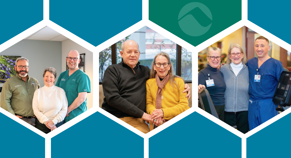 Three hexagon-framed photos show community members and Monadnock Community Hospital staff together, smiling and embracing in clinical and home-like settings, symbolizing compassionate care and meaningful connections. The background features the MCH logo and a teal geometric design.