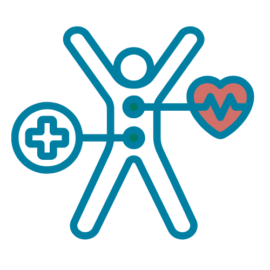 Stylized icon of a person with arms raised, symbolizing vitality and well-being. A medical cross and a heart with a heartbeat line are connected to the figure, representing health and proactive care.