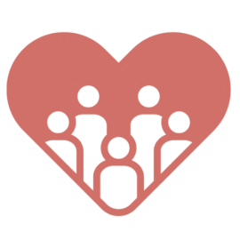 A red heart icon containing five simplified human figures, symbolizing community, connection, and shared wellness.