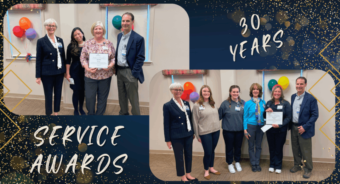 A collage-style image celebrating 30 years of service, featuring two group photos with honorees and staff smiling and posing with certificates.