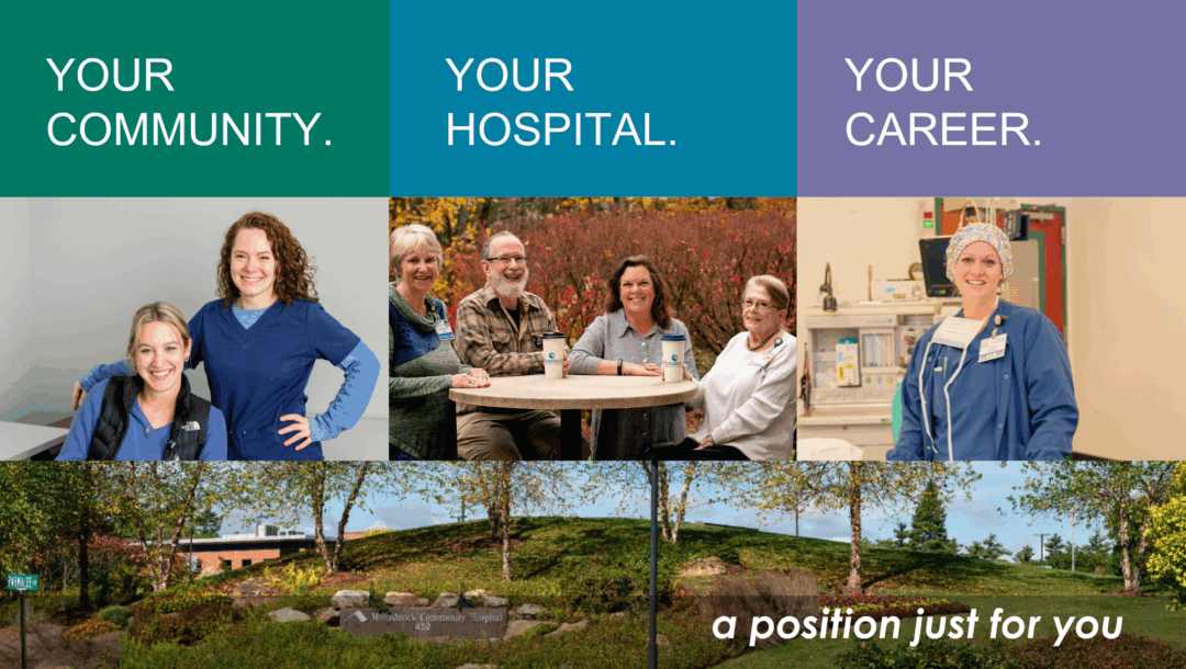 Monadnock Community Hospital recruitment ad featuring employees in three scenes: two smiling staff members, a group sharing coffee outdoors, and a nurse in scrubs. Text reads: “Your Community. Your Hospital. Your Career.” Bottom section includes a scenic hospital view, a QR code, and the website MonadnockCareers.org.