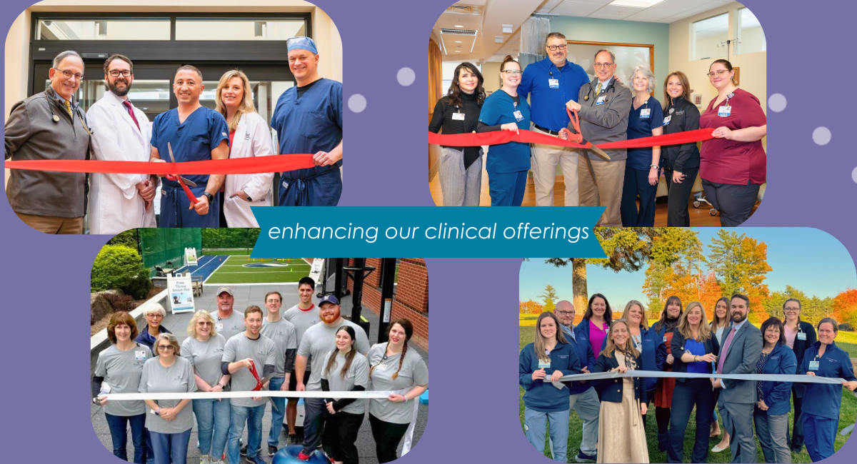 A collage of four ribbon-cutting photos highlights Monadnock Community Hospital’s new clinical offerings. Clockwise from top left: the Cardiology team stands in front of the hospital entrance; the Rheumatology team poses indoors; the Gastroenterology team gathers outside with autumn foliage in the background; and the Rehabilitation team celebrates on the outdoor turf area. A blue banner in the center reads “enhancing our clinical offerings.”