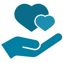 A blue hand holding two blue hearts of different sizes, symbolizing generosity, care, and the impact of community support through Monadnock Community Hospital’s philanthropy programs.