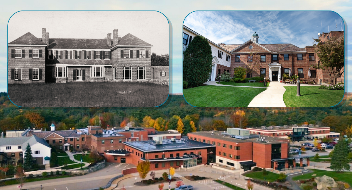 Then and now photos of Monadnock Community Hospital: a historic black-and-white image of the original Parmelee residence on the left, a modern photo of the current Parmelee entrance on the right, and a wide aerial view of the full hospital campus surrounded by autumn foliage at the bottom.