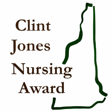 Logo for the Clint Jones Nursing Award featuring dark brown serif text reading “Clint Jones Nursing Award” arranged vertically beside a green outline of the state of New Hampshire.