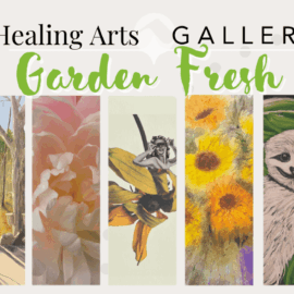 Banner for the “Garden Fresh” exhibition featuring vertical panels of fern photography, wooded landscapes, soft florals, sunflowers, a playful sloth, and bold flower prints in cheerful spring tones.