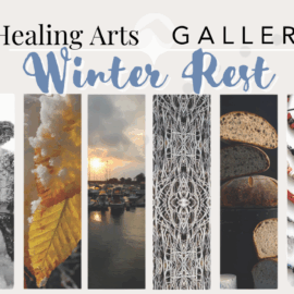 Banner for the “Winter Rest” exhibition showing snow-covered cabins, frosty animals and leaves, a quiet harbor sunset, abstract patterns, fresh bread, beaded necklaces, and a dog in the snow.