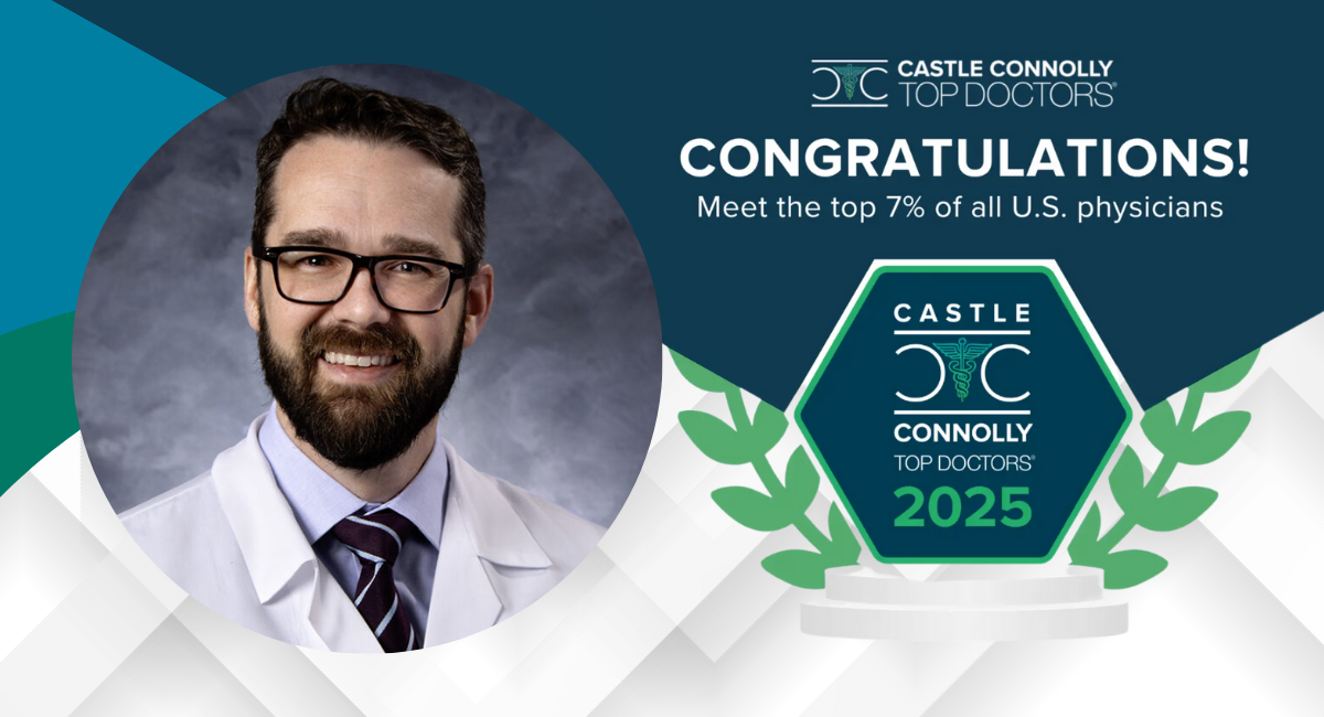 Portrait of Dr. Robert Spencer in a white coat with glasses and a beard, smiling. The image congratulates him for being named a Castle Connolly Top Doctor for 2025, recognizing him among the top 7% of U.S. physicians. A badge reads “Castle Connolly Top Doctors 2025.”