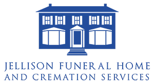 Logo for Jellison Funeral Home and Cremation Services featuring a stylized image of a house with three windows and a central door, all in blue.
