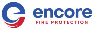 Encore Fire Protection logo with a stylized blue and red 'E' symbol on the left and the company name 'encore' in blue letters beside it. The words 'FIRE PROTECTION' appear below in red capital letters