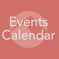 Coral-colored square button with the words ‘Events Calendar’ over a stylized mountain icon