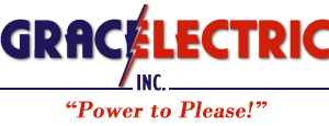 Grace Electric Inc. logo featuring the words "GRACE" in dark blue and "ELECTRIC" in red, separated by a red lightning bolt. Below, "INC." is written in dark blue, and the slogan "Power to Please!" appears in red italics.
