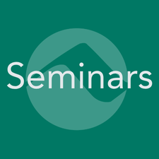 Teal square button with the word ‘Seminars’ over a stylized mountain icon