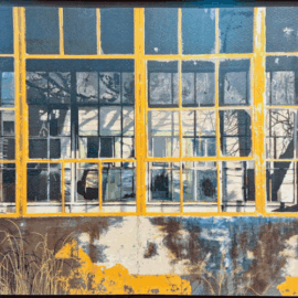 Found art piece from the Collections exhibition depicting a weathered yellow-paned industrial window with reflections and overgrown grasses below