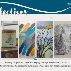 Postcard design for Collections exhibition at the Healing Arts Gallery. Includes title text, exhibition dates August 14 – November 3, 2025, and six artwork panels featuring prints, paintings, and antique objects