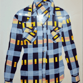 Framed artwork of a duct tape, long-sleeve button-up shirt in a blue, black, yellow, and orange plaid pattern with a geometric, abstract style.