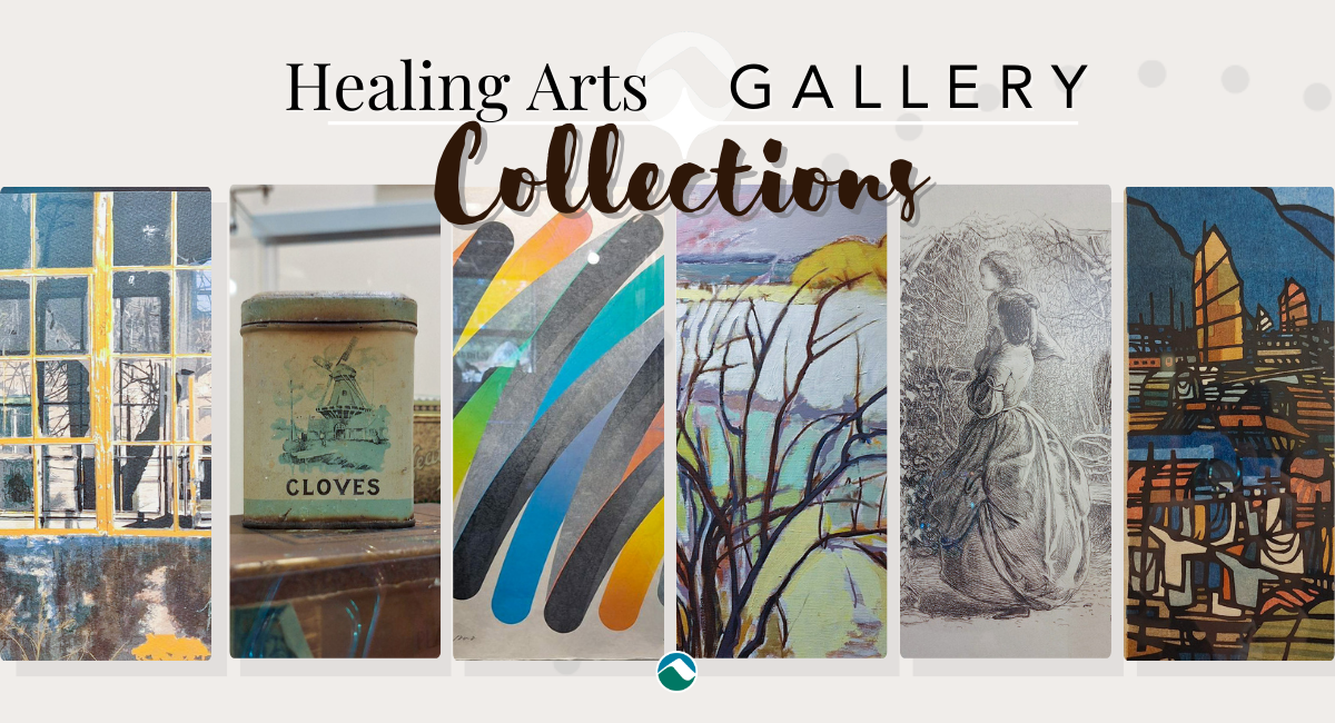 Collections exhibition graphic. Shows exhibition title and six cropped artworks, promoting Japanese prints, found art, and antique boxes from local private collections.