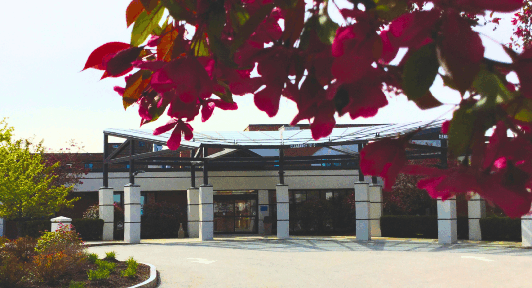 View of Monadnock Community Hospital’s main entrance framed by bright red spring leaves in the foreground