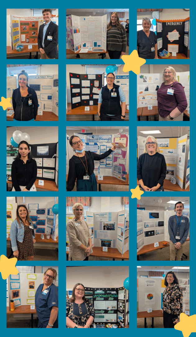 Collage of Monadnock Community Hospital staff standing beside colorful display boards at the Annual Quality Showcase. Each board highlights Plan-Do-Study-Act (PDSA) projects focused on improving patient care and hospital processes. The background is teal with decorative yellow stars, celebrating teamwork and innovation.