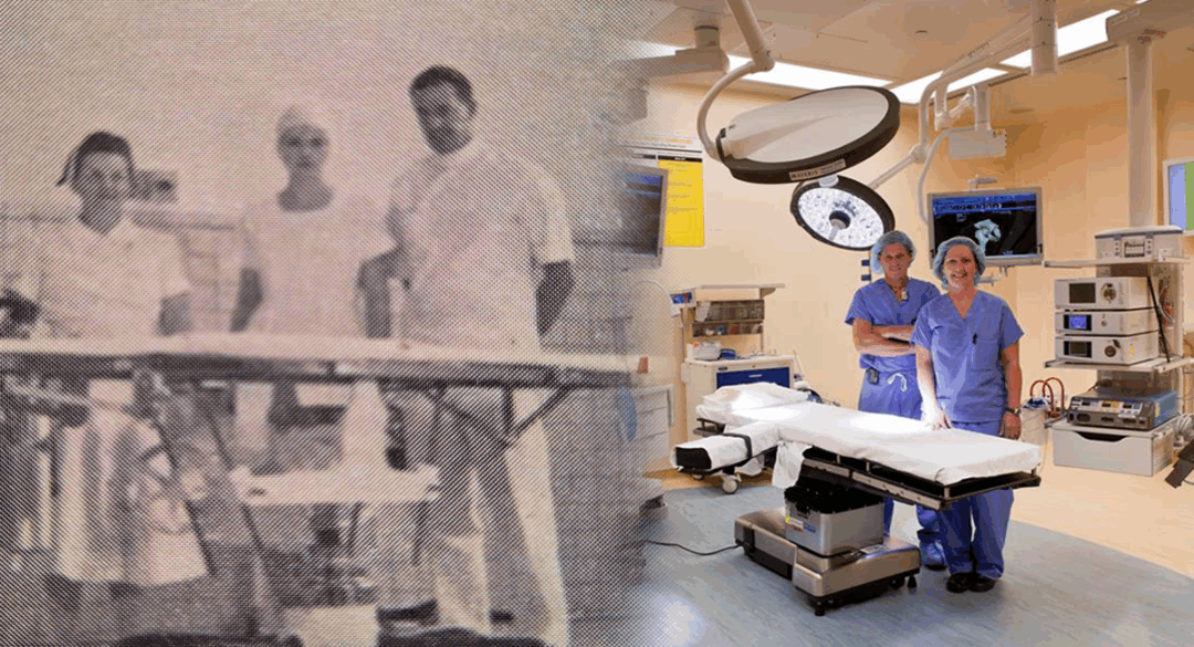 Historic Monadnock Community Hospital surgical team blended with a modern medical surgical department, symbolizing a century of compassionate care and community support. The image features the Giving Tuesday heart logo, representing generosity that keeps local care strong.