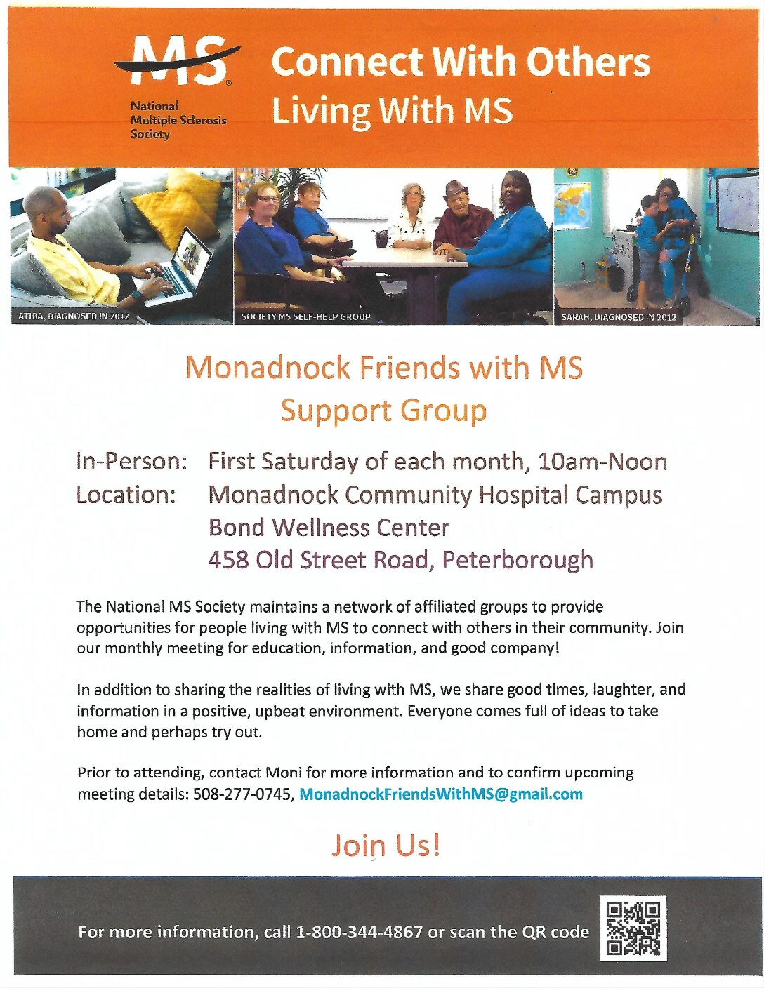 Flyer titled “Connect With Others Living With MS” by the National Multiple Sclerosis Society. Includes photos of people in an MS self-help group, meeting details for Monadnock Friends with MS at Monadnock Community Hospital, and contact information for Moni at MonadnockFriendsWithMS@gmail.com